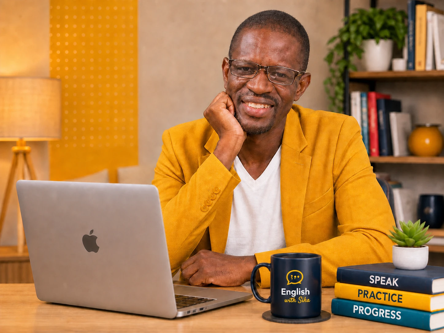 Coach Sika à son bureau avec un ordinateur, des livres et une tasse English With Sika