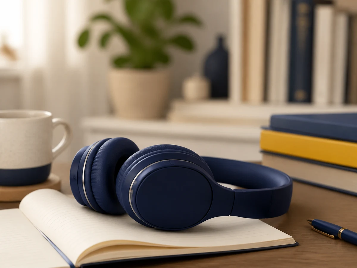 Casque audio posé sur un cahier d’apprentissage